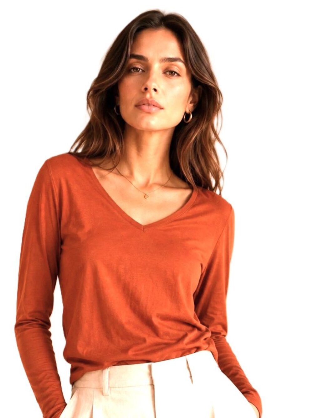 J. Jill Pima Cotton Long Sleeve V-Neck Ginger Tee Burnt Orange Stretch